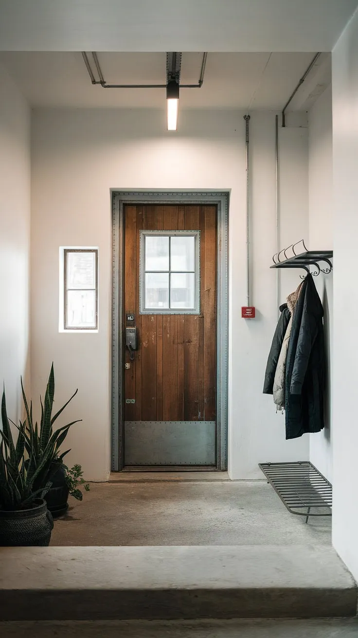 This minimalist industrial entryway showcases the perfect blend of country industrial style and modern design.  The industrial trim on the wooden door, paired with the concrete floor and potted plants, creates a welcoming and stylish house entrance design.  Perfect small entryway ideas for those seeking industrial home decor inspiration.  These industrial entryway ideas effortlessly achieve a minimalist industrial design.