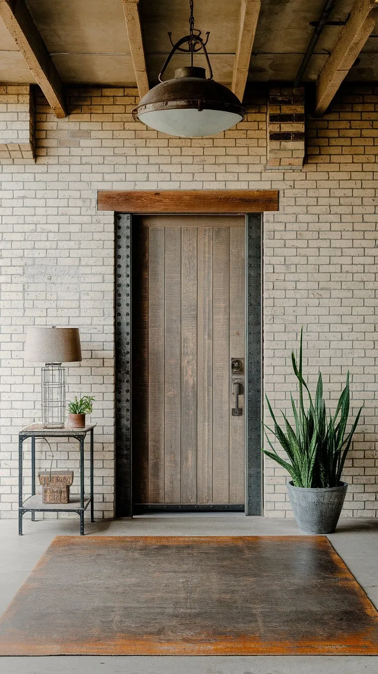 This minimalist industrial design entryway proves that even small spaces can make a statement.  The industrial trim and country industrial style blend seamlessly, offering a unique take on house entrance design and showcasing clever industrial home decor ideas.