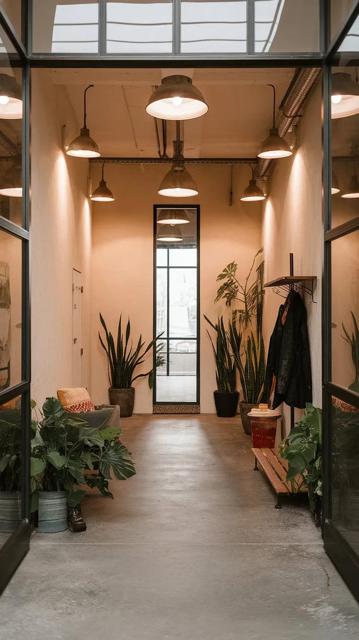 This minimalist industrial design entryway proves that even small spaces can make a grand statement.  The industrial trim and country industrial style blend seamlessly, offering a unique take on house entrance design and industrial home decor.  Perfect inspiration for your own industrial entryway ideas.