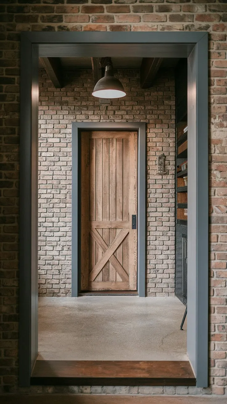 This minimalist industrial design entryway proves that even a small space can make a grand statement.  The blend of country industrial style, highlighted by the industrial trim and thoughtful house entrance design, creates a welcoming and stylish industrial home decor focal point.  Plenty of inspiration here for your own industrial entryway ideas.