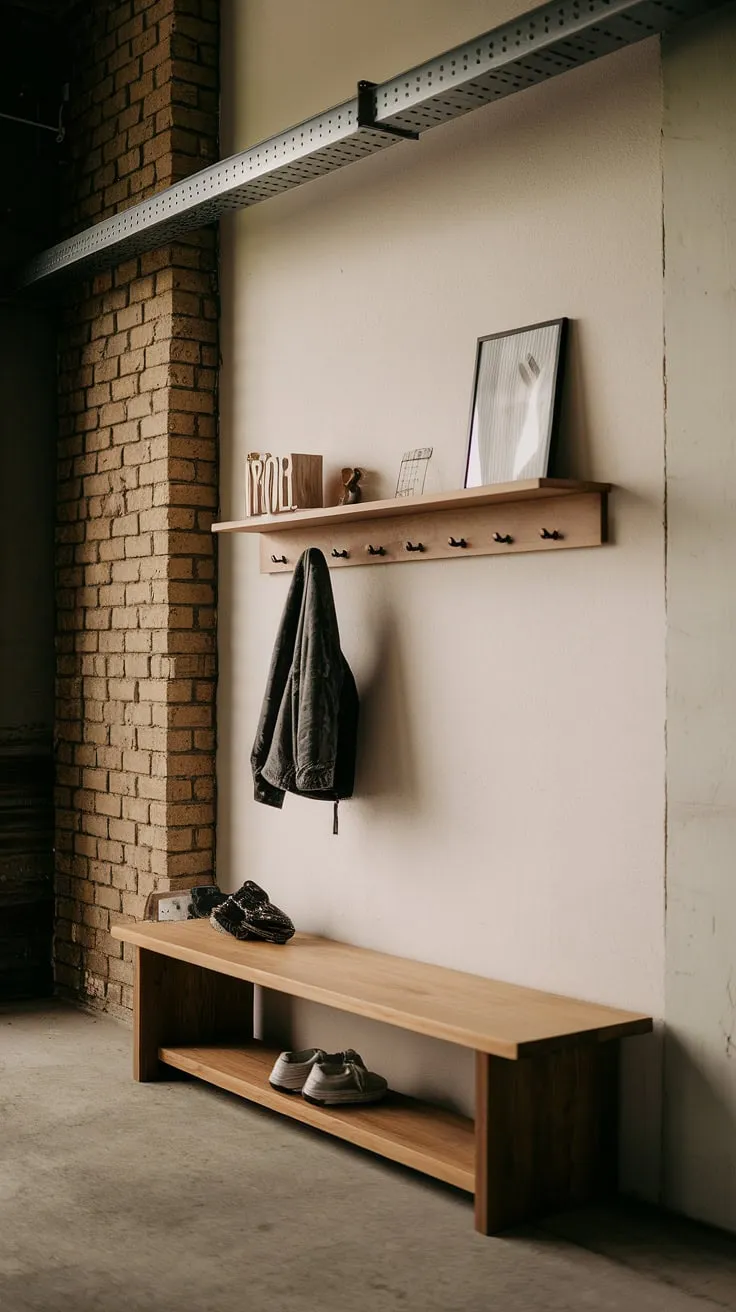 This minimalist industrial design entryway proves that even a small space can make a grand statement.  The country industrial style is subtly woven in with the industrial trim, creating a welcoming and stylish house entrance design.  Perfect inspiration for your own industrial entryway ideas and industrial home decor.
