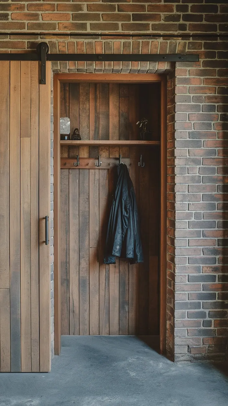 Rustic meets refined in this stunning industrial entryway.  Minimalist industrial design shines in this small space, showcasing the beauty of exposed brick and a simple wooden door.  Clever use of industrial trim and a small shelf maximizes functionality.  Find more industrial entryway ideas and inspiration for your own house entrance design with this country industrial style.