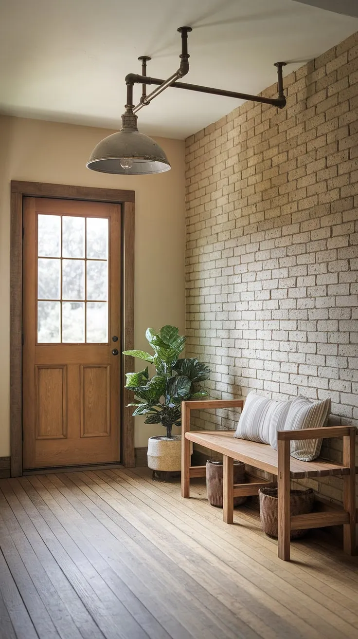 This small entryway perfectly blends country charm with minimalist industrial design.  The exposed brick wall, pipe light fixture, and wooden bench create a rustic yet refined industrial style foyer, showcasing clever industrial home decor and small entryway ideas.  The warm-toned door and potted plant add a touch of country industrial style, making this house entrance design a welcoming and unique space.