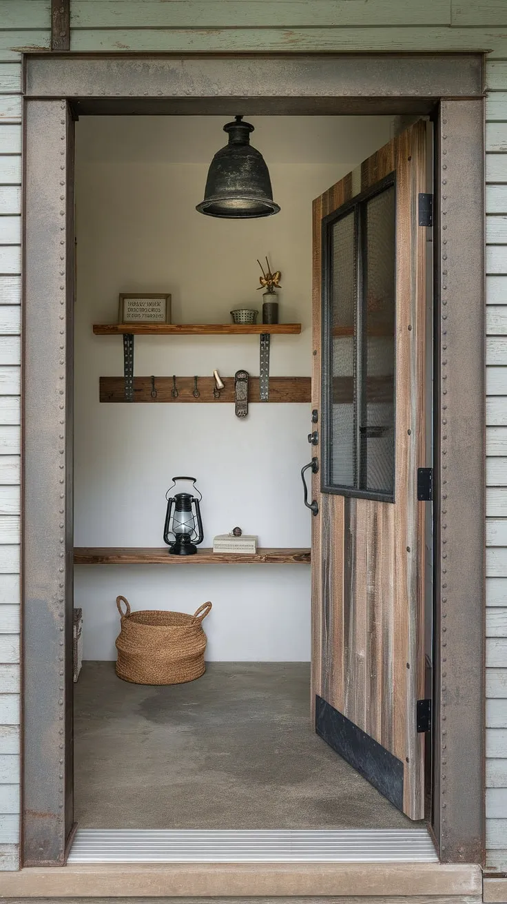 A stunning example of industrial style foyer design, this small entryway boasts a captivating blend of country industrial style and minimalist industrial design.  Note the striking industrial trim – a key element in achieving this impactful house entrance design.  Plenty of industrial entryway ideas to draw from here.