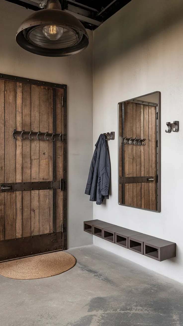 This minimalist industrial design entryway proves that even a small space can make a grand statement.  The country industrial style is subtly woven in with the industrial trim, creating a welcoming and stylish house entrance design.  Perfect inspiration for your own industrial entryway ideas and industrial home decor.