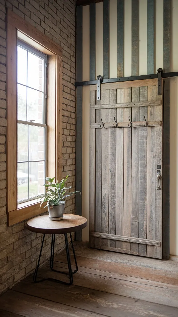 This minimalist industrial design entryway proves that even small spaces can make a grand statement.  The industrial trim and country industrial style blend seamlessly, offering a unique take on house entrance design and showcasing clever industrial home decor ideas.