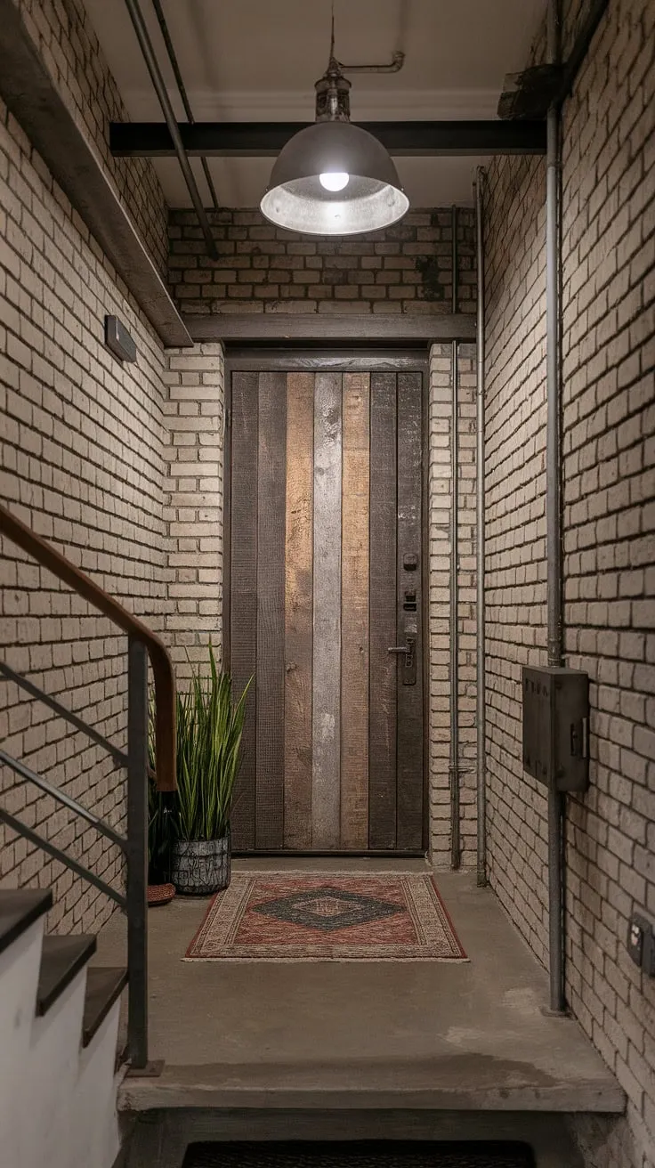This minimalist industrial design entryway proves that even small spaces can make a grand statement.  The industrial trim and country industrial style blend seamlessly, offering a unique take on house entrance design and showcasing clever industrial home decor ideas.