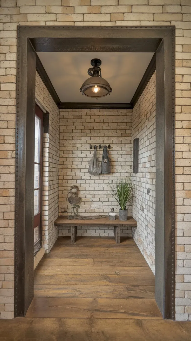 This minimalist industrial design entryway proves that even small spaces can make a grand statement.  The industrial trim and country industrial style blend seamlessly, offering a unique take on industrial home decor and providing ample inspiration for your own house entrance design.
