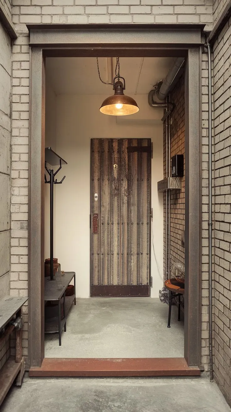 Transform your foyer into a stunning industrial style foyer with this inspiring design.  These small entryway ideas showcase the power of industrial home decor, highlighting the beauty of minimalist industrial design and clever use of industrial trim.