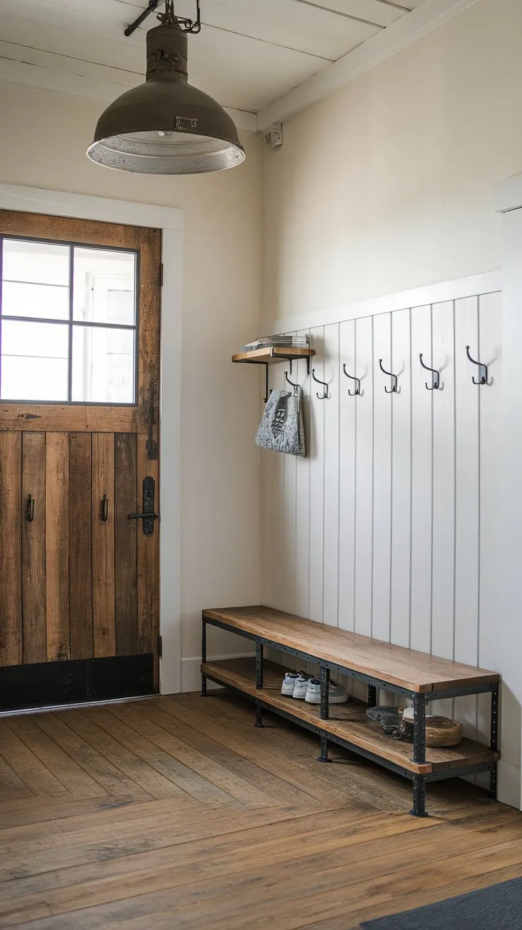 This minimalist industrial design entryway proves that even a small space can make a grand statement.  The blend of country industrial style, highlighted by the striking industrial trim, creates a welcoming and sophisticated house entrance design.  Perfect inspiration for your own industrial entryway ideas and industrial home decor projects.