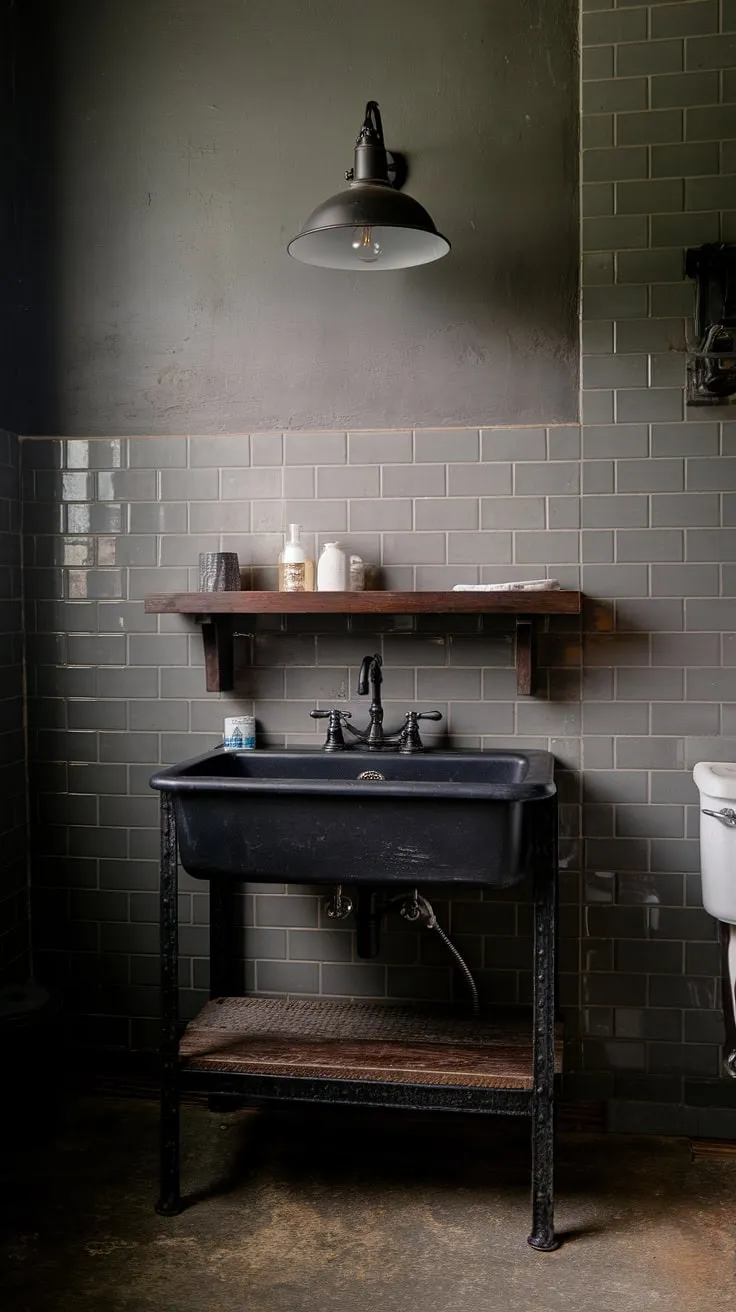 Dark wood meets industrial chic in this stunning bathroom.  Explore industrial bathroom ideas with a rustic farmhouse twist, featuring a farmhouse dark wood bathroom design that's both moody and modern. This modern industrial bathroom showcases the best of black industrial bathroom ideas and rustic cabin bathroom ideas.