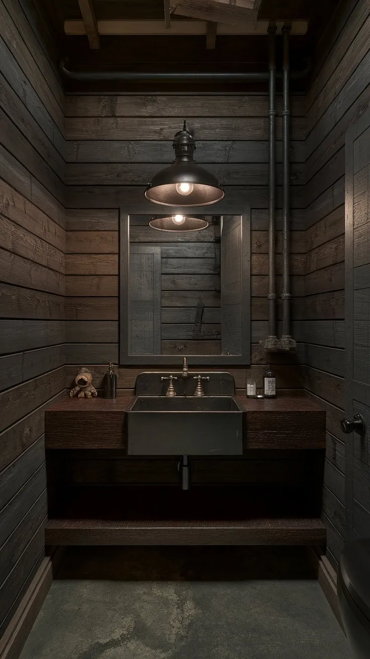 Escape to this stunning industrial farmhouse bathroom.  Rustic farmhouse decor meets modern industrial design in this dark rustic bathroom, showcasing the best of black industrial bathroom ideas.  The exposed pipework and dark wood walls complement the black industrial sink, offering inspiration for your own rustic cabin bathroom ideas and modern industrial bathroom dreams.