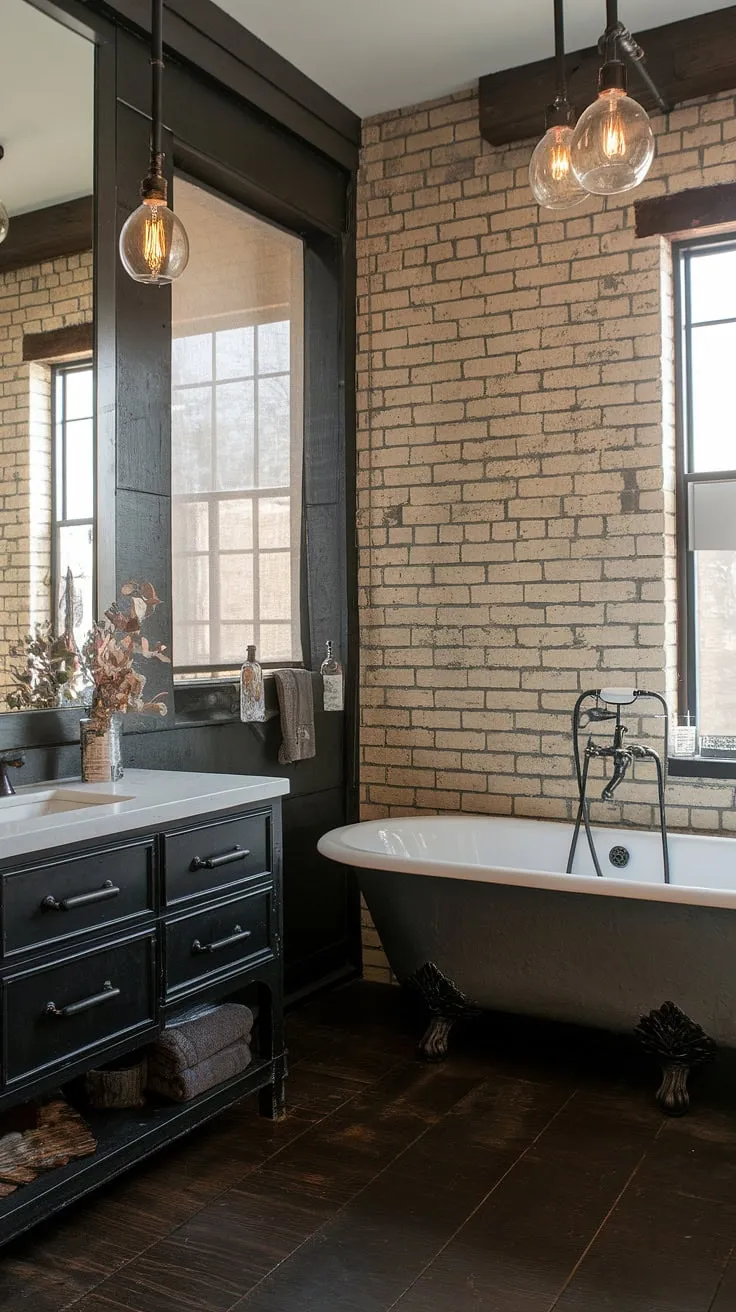 Dark wood and black metal define this farmhouse dark wood bathroom, a stunning example of industrial bathroom ideas.  The rustic cabin bathroom ideas are evident in the warm textures, while the modern industrial bathroom aesthetic shines through in the clean lines and fixtures. This dark rustic bathroom is the perfect blend of rustic farmhouse decor and industrial style.