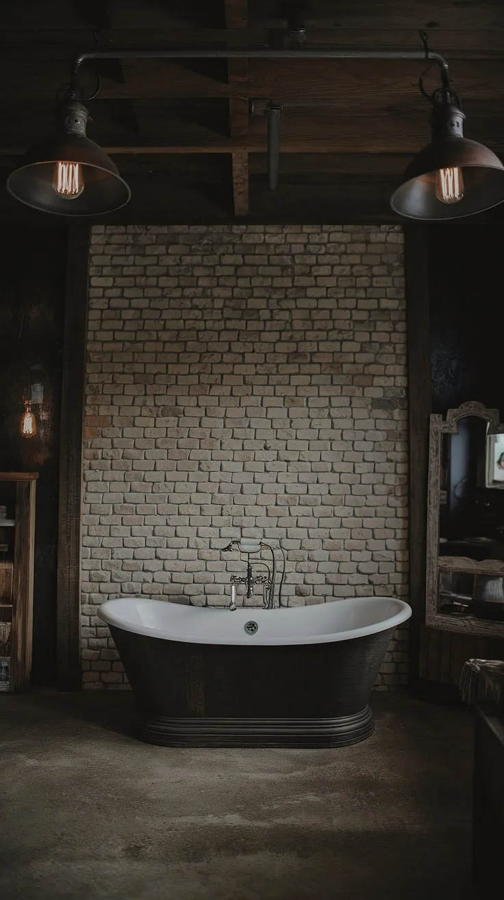 This industrial farmhouse bathroom seamlessly blends rustic farmhouse decor with modern industrial elements.  Dark rustic bathroom features, like the dark wood vanity, create a cozy contrast against the sleek black industrial fixtures.  For those seeking rustic cabin bathroom ideas or black industrial bathroom ideas, this space offers a wealth of inspiration, showcasing the best of industrial bathroom ideas in a dark, yet inviting atmosphere.
