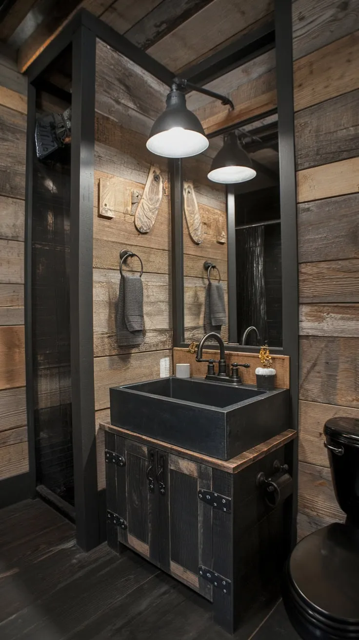 This dark rustic bathroom seamlessly blends industrial farmhouse style with modern touches, showcasing the best of rustic farmhouse decor and black industrial bathroom ideas.  The dark wood vanity and fixtures create a sophisticated, yet cozy atmosphere, perfect for those seeking rustic cabin bathroom ideas or inspiration for their own industrial bathroom ideas.