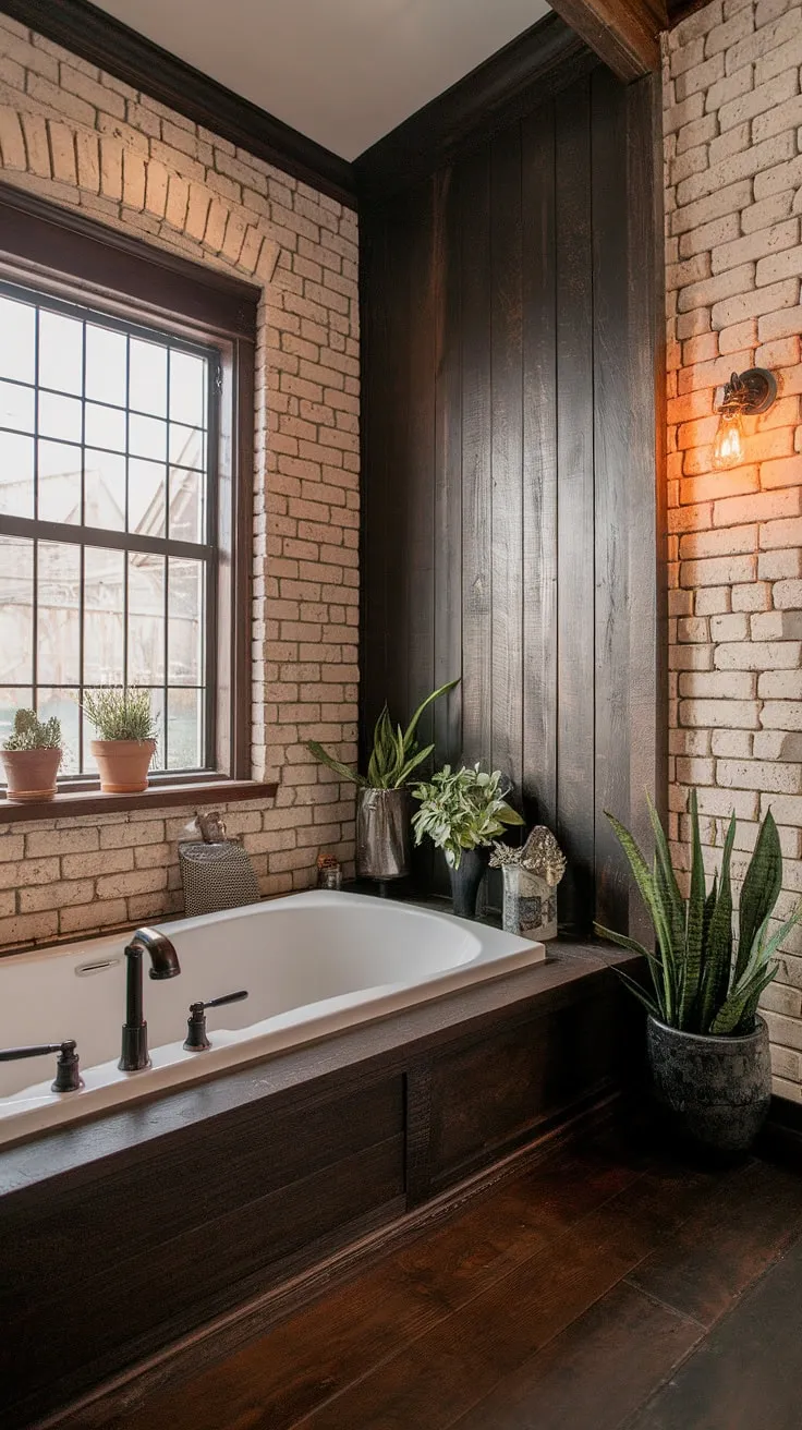 Dark wood meets industrial chic in this stunning bathroom.  Explore industrial bathroom ideas with a farmhouse twist, featuring rustic farmhouse decor and black industrial bathroom ideas for a modern industrial bathroom that's undeniably captivating. This dark rustic bathroom is the perfect blend of rustic cabin bathroom ideas and contemporary style.