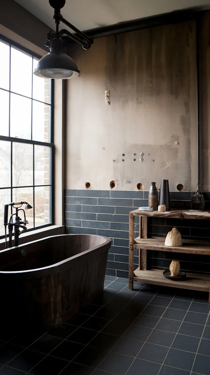 This dark rustic bathroom seamlessly blends modern industrial design with rustic farmhouse decor.  The farmhouse dark wood bathtub, paired with the black industrial light fixture and dark gray tiles, creates a truly unique and inviting space.  Industrial bathroom ideas like this showcase the beauty of reclaimed materials and thoughtful design.  Rustic cabin bathroom ideas meet modern sophistication in this stunning retreat.