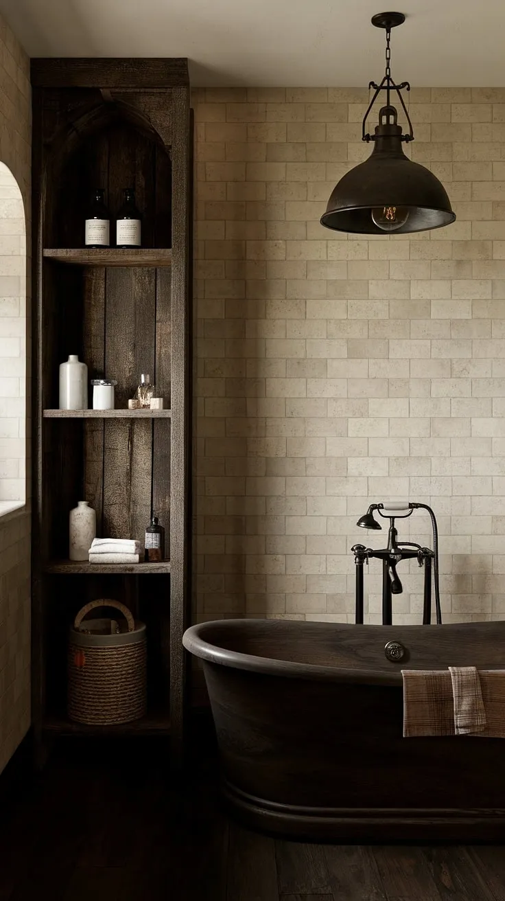 This industrial farmhouse bathroom seamlessly blends modern industrial elements with rustic farmhouse decor, creating a dark rustic bathroom that's both sophisticated and inviting.  The dark wood accents and black industrial bathroom ideas perfectly complement the overall design, offering a unique take on rustic cabin bathroom ideas.