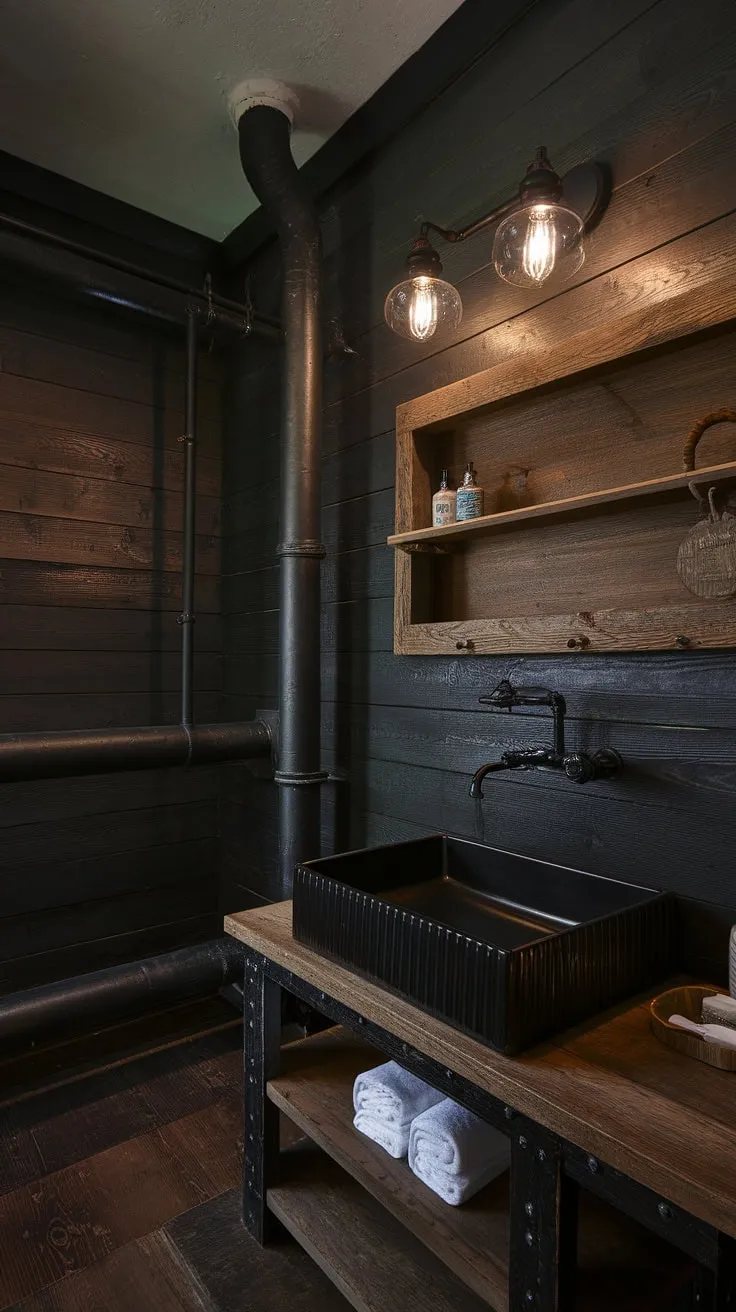 This dark rustic bathroom seamlessly blends industrial farmhouse style with modern touches, offering a unique space where rustic farmhouse decor meets sleek black industrial bathroom ideas.  The dark wood vanity and fixtures create a cozy cabin feel, perfect for those seeking rustic cabin bathroom ideas.