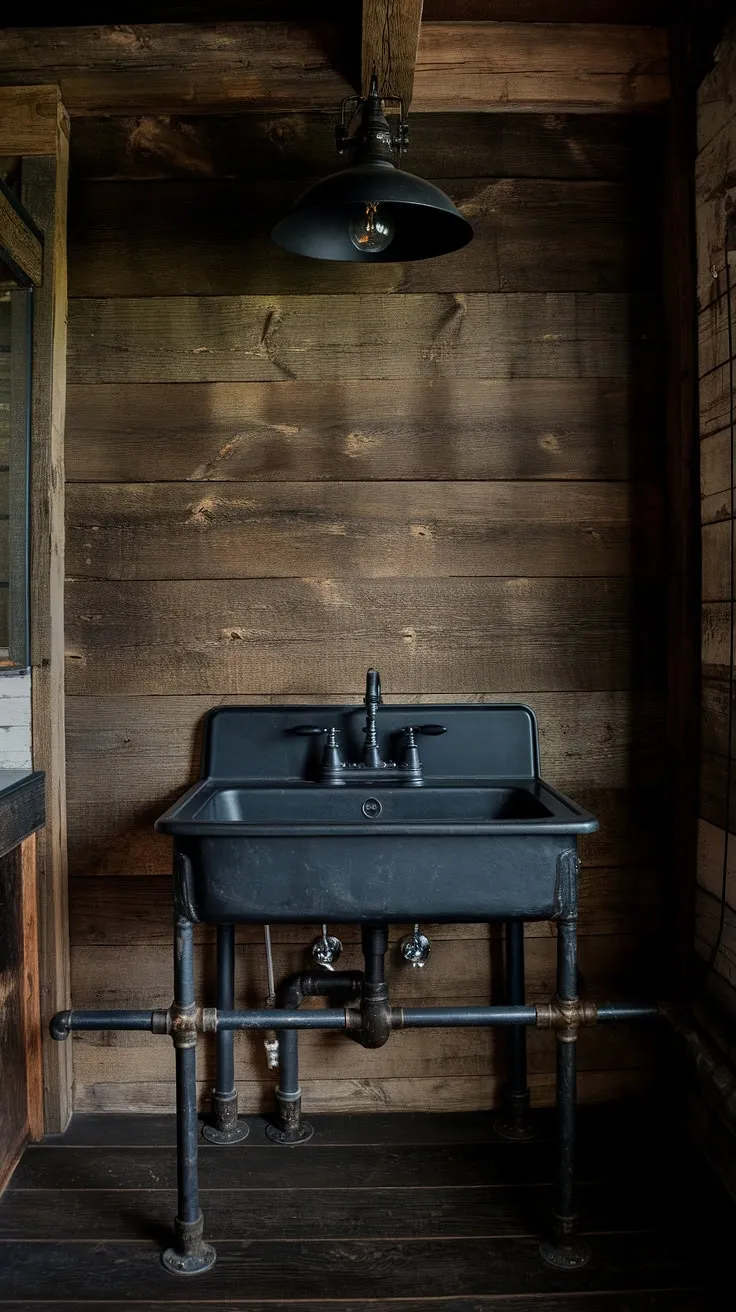 Escape to this tranquil dark rustic bathroom.  Industrial farmhouse bathroom design meets rustic farmhouse decor in this space, showcasing black industrial bathroom ideas with exposed pipes and a reclaimed wood wall.  Find inspiration for your own modern industrial bathroom and rustic cabin bathroom ideas here.