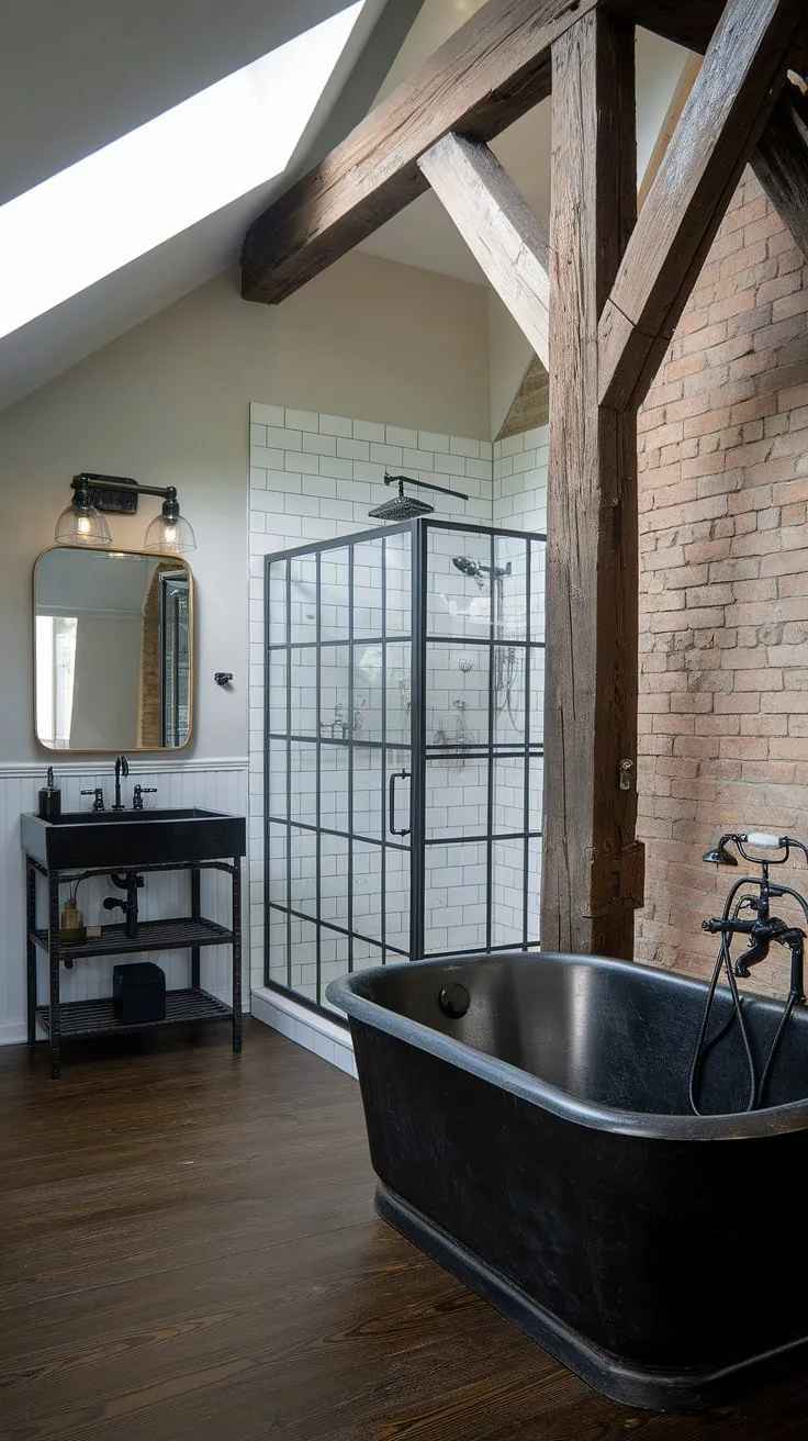 Escape to this stunning dark rustic bathroom, a perfect blend of modern industrial bathroom design and rustic farmhouse decor.  The farmhouse dark wood bathroom floor complements the black industrial bathroom features, creating a space brimming with industrial bathroom ideas.  This is industrial farmhouse bathroom inspiration at its finest.