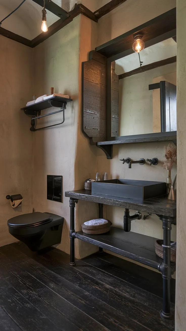 Industrial farmhouse bathroom goals! This space masterfully combines rustic farmhouse decor with a modern industrial aesthetic.  Black industrial bathroom ideas shine in this design, from the striking sink to the minimalist pipe shelving.  Explore these industrial bathroom ideas and create your own dark rustic bathroom haven.