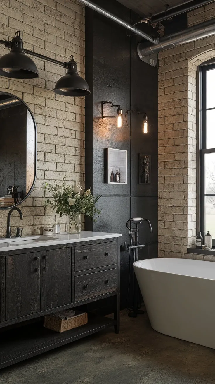 Escape to this stunning industrial farmhouse bathroom, where modern industrial bathroom design meets rustic farmhouse decor.  Black industrial bathroom ideas are beautifully realized in this space, showcasing the perfect balance of dark rustic bathroom charm and sleek, contemporary lines.  Find inspiration for your own rustic cabin bathroom ideas here.