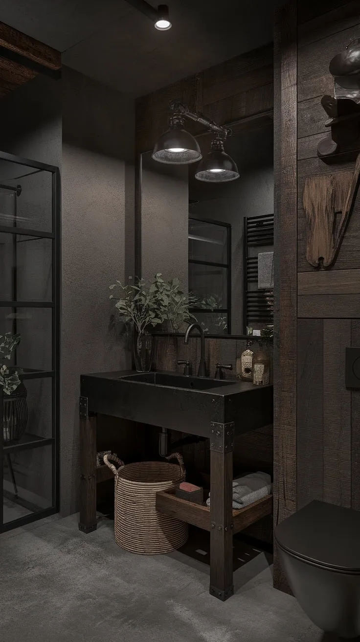 This industrial farmhouse bathroom seamlessly blends rustic farmhouse decor with modern industrial elements.  Dark rustic bathroom tones and farmhouse dark wood create a cozy yet sophisticated atmosphere, perfect for those seeking rustic cabin bathroom ideas or black industrial bathroom ideas.  The result is a stunning space showcasing the best of industrial bathroom ideas.