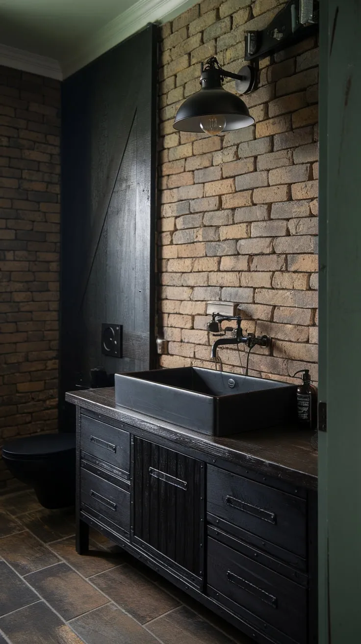 Dark rustic bathroom goals! This modern industrial bathroom showcases the best of both worlds:  black industrial bathroom ideas meet rustic farmhouse decor.  The dark wood vanity and exposed brick add character, while the industrial lighting and sleek sink keep it contemporary.  Find more industrial farmhouse bathroom inspiration here.