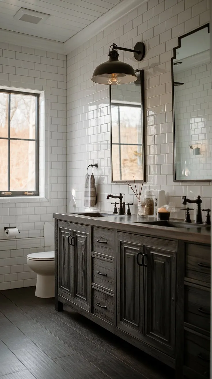This industrial farmhouse bathroom seamlessly blends modern industrial elements with rustic farmhouse decor, creating a dark rustic bathroom that's both sophisticated and inviting.  The dark wood accents and black industrial bathroom ideas perfectly complement the overall design, offering a unique take on rustic cabin bathroom ideas.