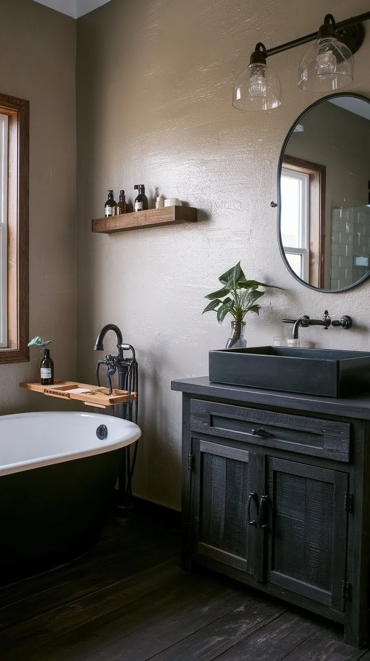 Escape to this stunning industrial farmhouse bathroom, where farmhouse dark wood bathroom features meet black industrial bathroom ideas.  The result is a modern industrial bathroom that's both dramatic and inviting, showcasing the best of rustic farmhouse decor in a dark rustic bathroom setting.  Find inspiration for your own rustic cabin bathroom ideas here.