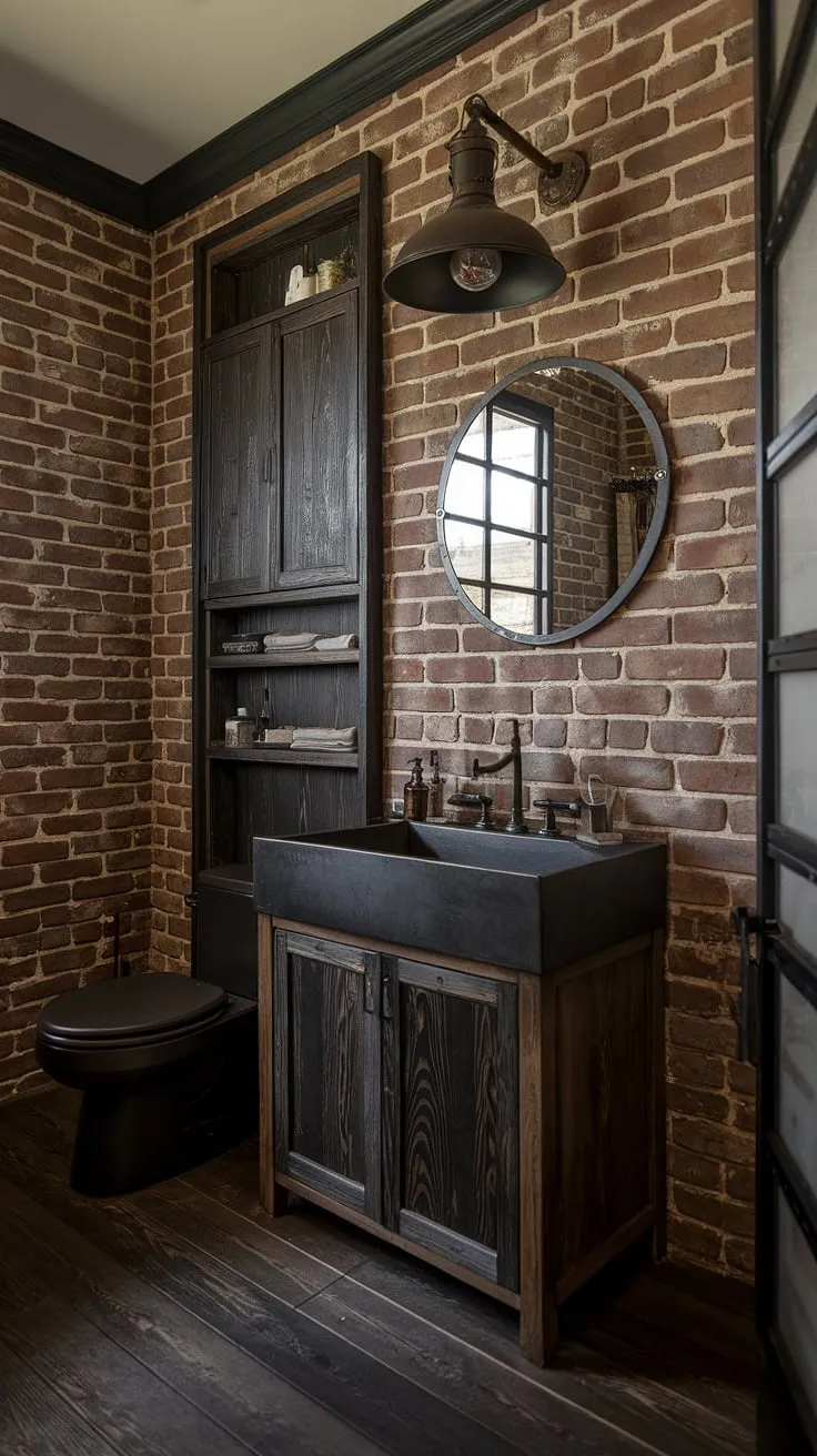 Escape to this stunning industrial farmhouse bathroom, where farmhouse dark wood bathroom elements meet sleek black industrial bathroom ideas.  The result is a dark rustic bathroom brimming with rustic farmhouse decor and modern industrial bathroom appeal, showcasing the best of rustic cabin bathroom ideas.