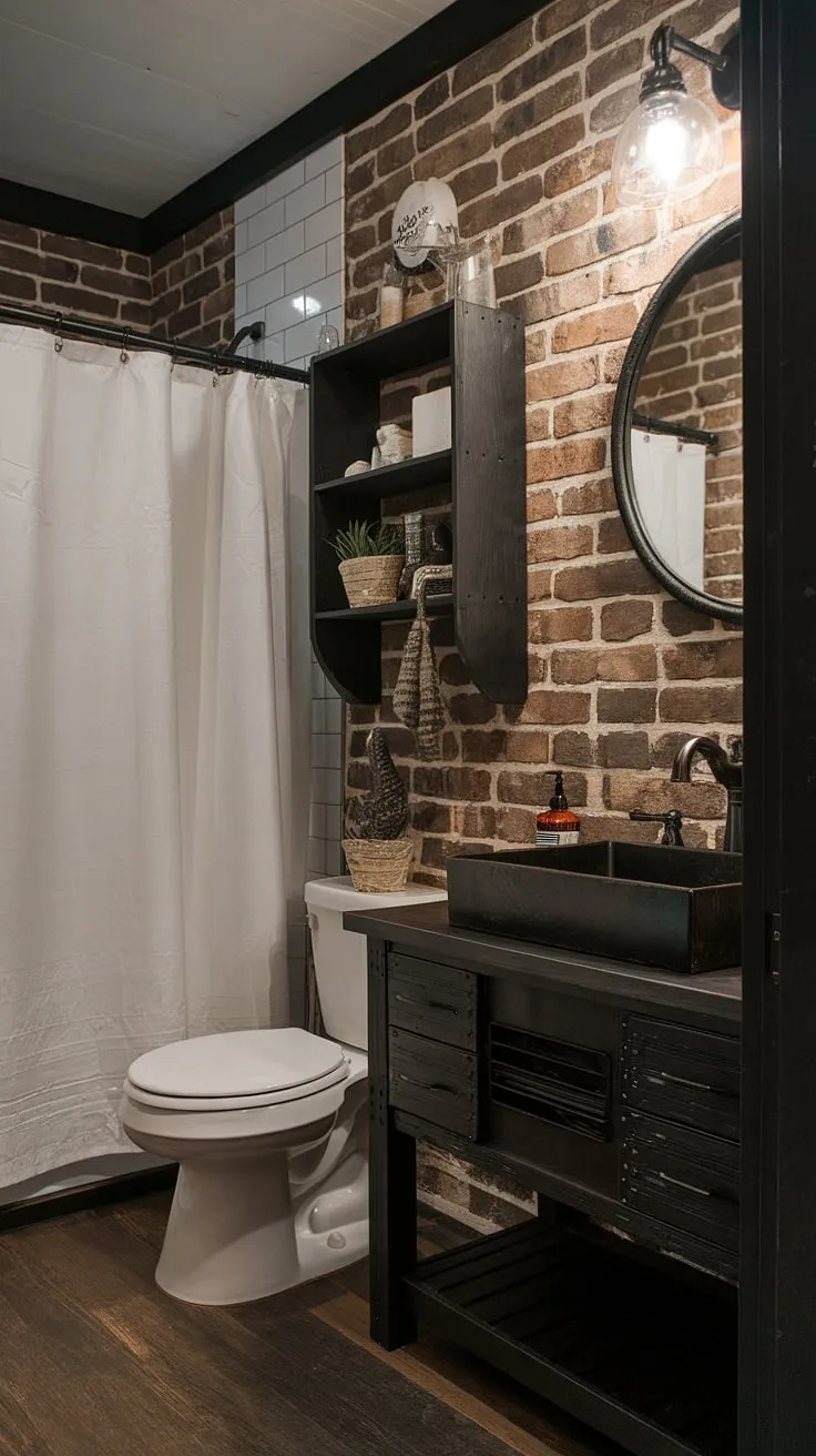 Escape to this stunning industrial farmhouse bathroom, where farmhouse dark wood bathroom features meet sleek modern industrial design.  Explore the perfect balance of rustic farmhouse decor and black industrial bathroom ideas for a truly captivating dark rustic bathroom.
