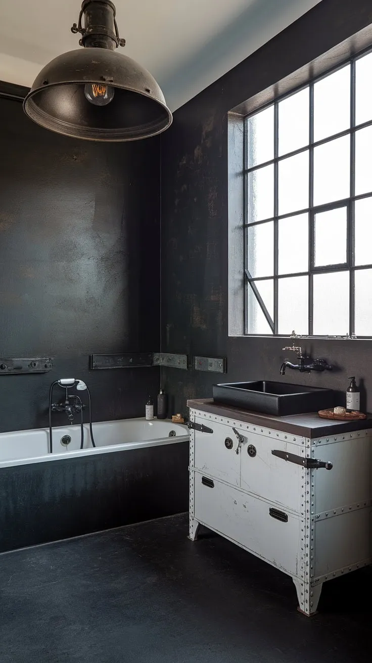 This industrial farmhouse bathroom seamlessly blends modern industrial elements with rustic farmhouse decor, creating a dark rustic bathroom that's both sophisticated and inviting.  The dark wood accents and black industrial bathroom ideas perfectly complement the overall aesthetic, offering a unique take on rustic cabin bathroom ideas.