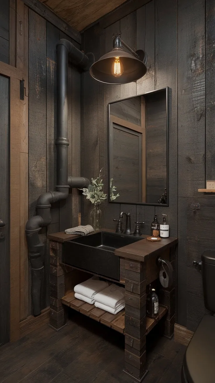 Escape to this stunning industrial farmhouse bathroom, where farmhouse dark wood bathroom elements meet sleek modern industrial design.  This black industrial bathroom ideas showcase a captivating blend of rustic farmhouse decor and contemporary style, making it the ultimate dark rustic bathroom inspiration.