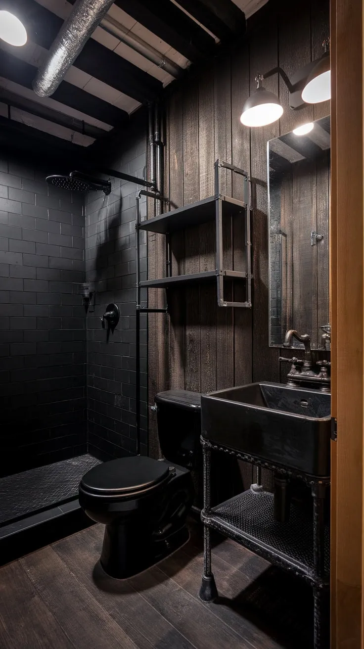 This farmhouse dark wood bathroom redefines rustic charm.  The modern industrial bathroom elements, like the black industrial sink and shower, contrast beautifully with the dark wood planks and create a captivating industrial farmhouse bathroom.  Find endless industrial bathroom ideas and inspiration for your own rustic farmhouse decor within this striking dark rustic bathroom.