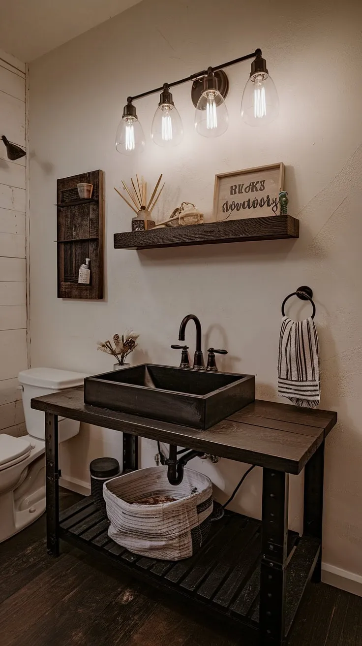 Dark rustic bathroom goals achieved! This farmhouse dark wood bathroom showcases the best of industrial bathroom ideas, marrying rustic cabin bathroom ideas with a modern industrial bathroom aesthetic. The result? A stunning space that's both cozy and chic, perfect for those seeking inspiration in industrial farmhouse bathroom design.