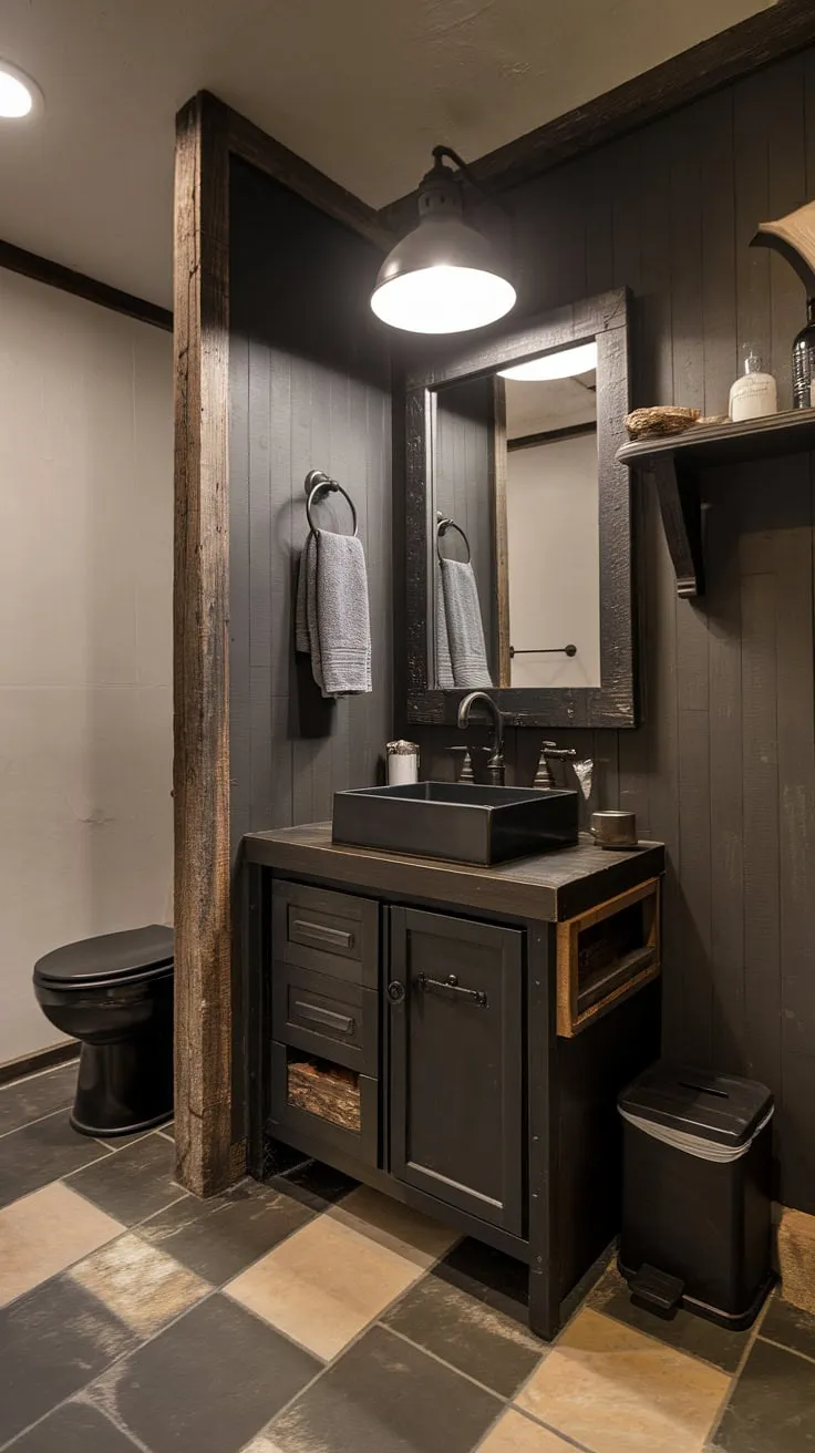 This dark rustic bathroom seamlessly blends industrial farmhouse style with modern touches, offering a unique take on rustic cabin bathroom ideas.  The dark wood and black industrial accents create a sophisticated yet cozy atmosphere, perfect for those seeking industrial bathroom ideas with a farmhouse twist.