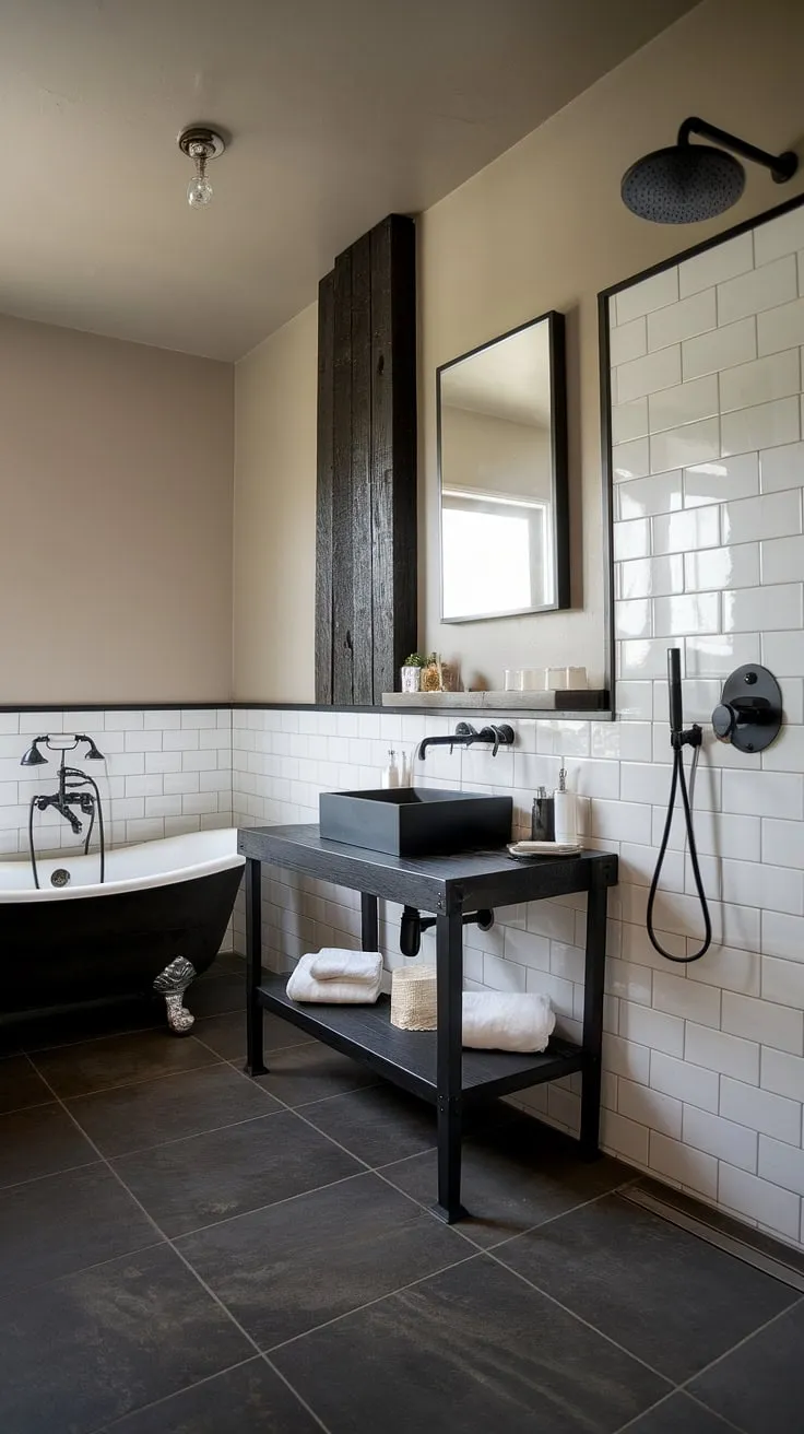 This industrial farmhouse bathroom seamlessly blends rustic farmhouse decor with modern industrial elements.  Dark rustic bathroom tones and farmhouse dark wood accents create a cozy, yet sophisticated atmosphere.  Seeking industrial bathroom ideas or rustic cabin bathroom ideas? This space offers a wealth of inspiration, showcasing the best of black industrial bathroom ideas in a truly unique design.