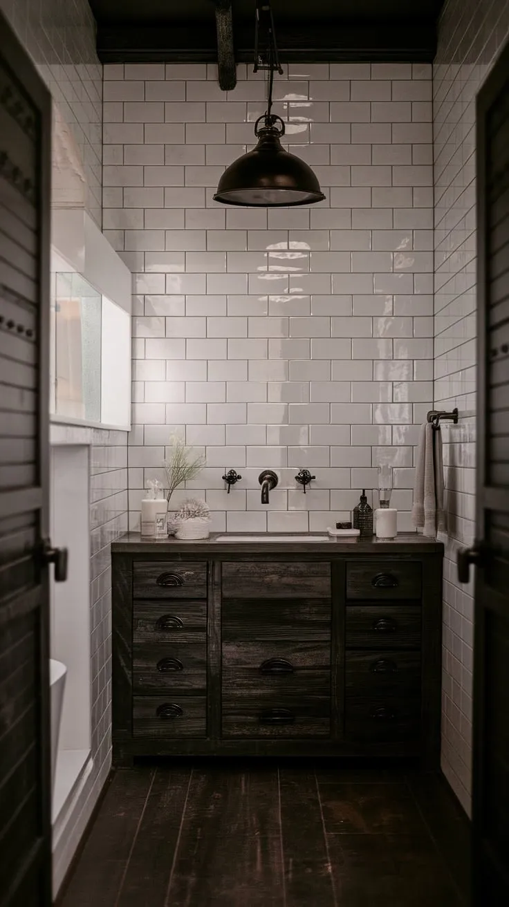 This industrial farmhouse bathroom seamlessly blends rustic farmhouse decor with modern industrial elements.  Dark rustic bathroom tones and farmhouse dark wood create a cozy yet sophisticated atmosphere, offering a unique take on rustic cabin bathroom ideas and black industrial bathroom ideas.  The result?  A stunning space that showcases the best of industrial bathroom ideas.