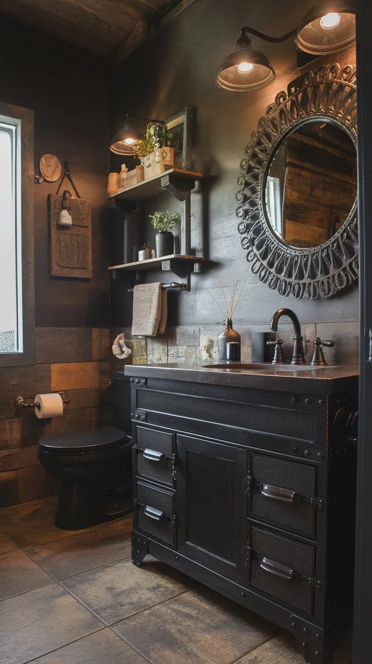 Escape to this stunning industrial farmhouse bathroom, where farmhouse dark wood bathroom elements meet sleek modern industrial design.  Explore black industrial bathroom ideas and rustic farmhouse decor inspiration in this dark rustic bathroom, showcasing the best of rustic cabin bathroom ideas and modern industrial bathroom aesthetics.