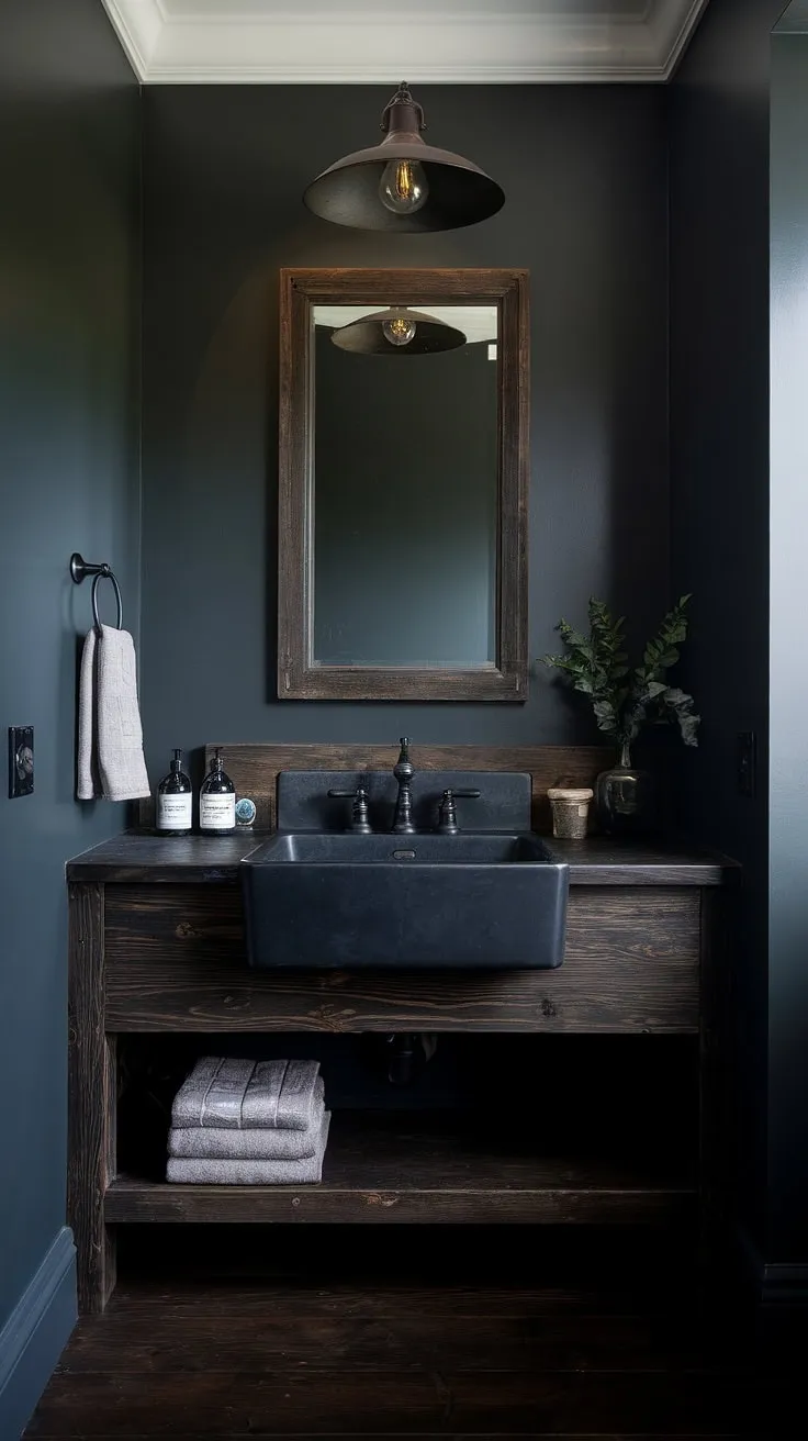 This industrial farmhouse bathroom seamlessly blends rustic farmhouse decor with modern industrial elements.  Dark rustic bathroom tones and farmhouse dark wood create a cozy yet sophisticated atmosphere.  Seeking industrial bathroom ideas? This space offers a stunning example of how to achieve a dark rustic bathroom with black industrial bathroom ideas, perfect for those dreaming of a rustic cabin bathroom.