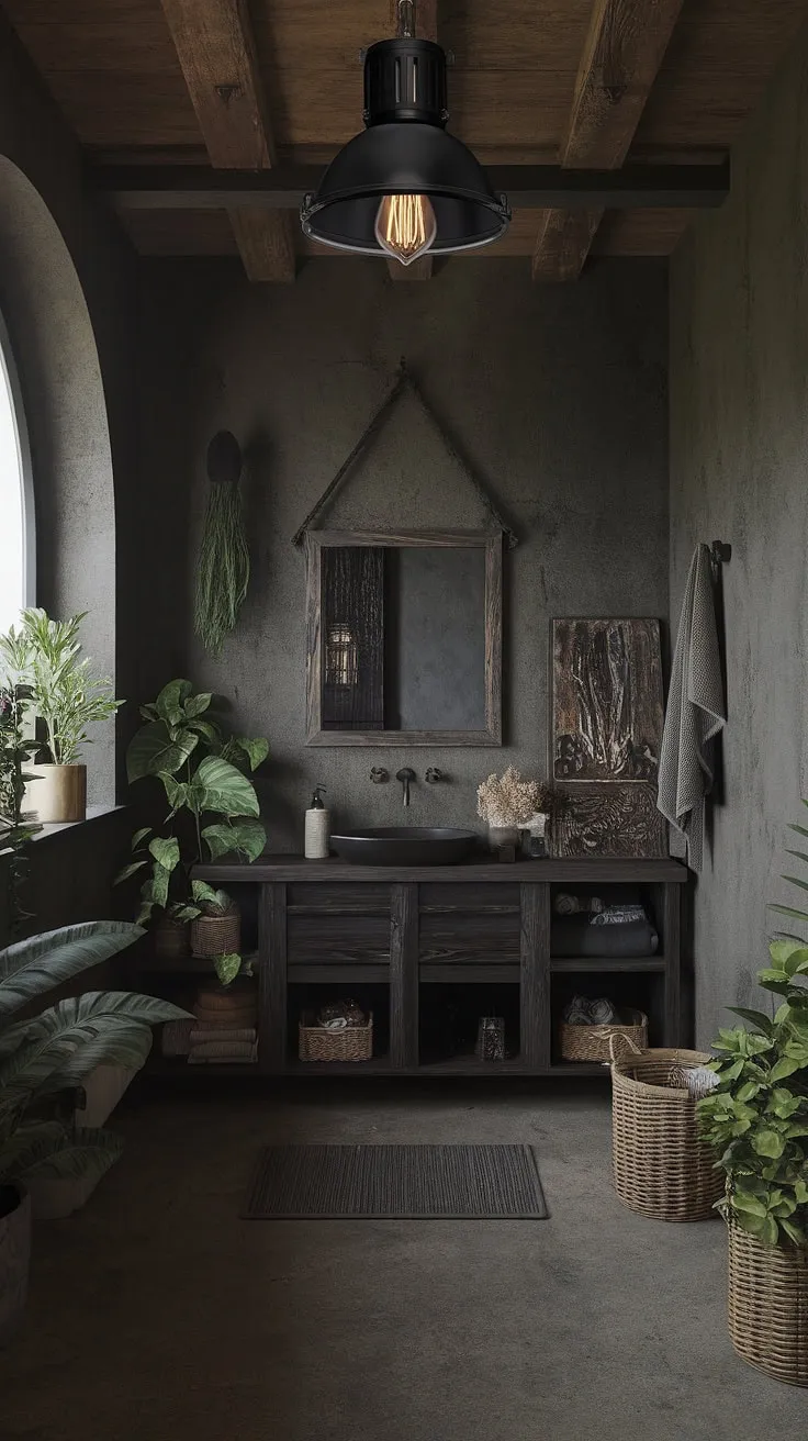 Escape to this tranquil dark rustic bathroom, where modern industrial design meets rustic farmhouse charm.  The black industrial bathroom ideas are evident in the lighting and fixtures, while the dark wood vanity and carefully chosen accents deliver the perfect rustic farmhouse decor.  For those seeking industrial bathroom ideas or rustic cabin bathroom ideas, this modern industrial bathroom provides ample inspiration.