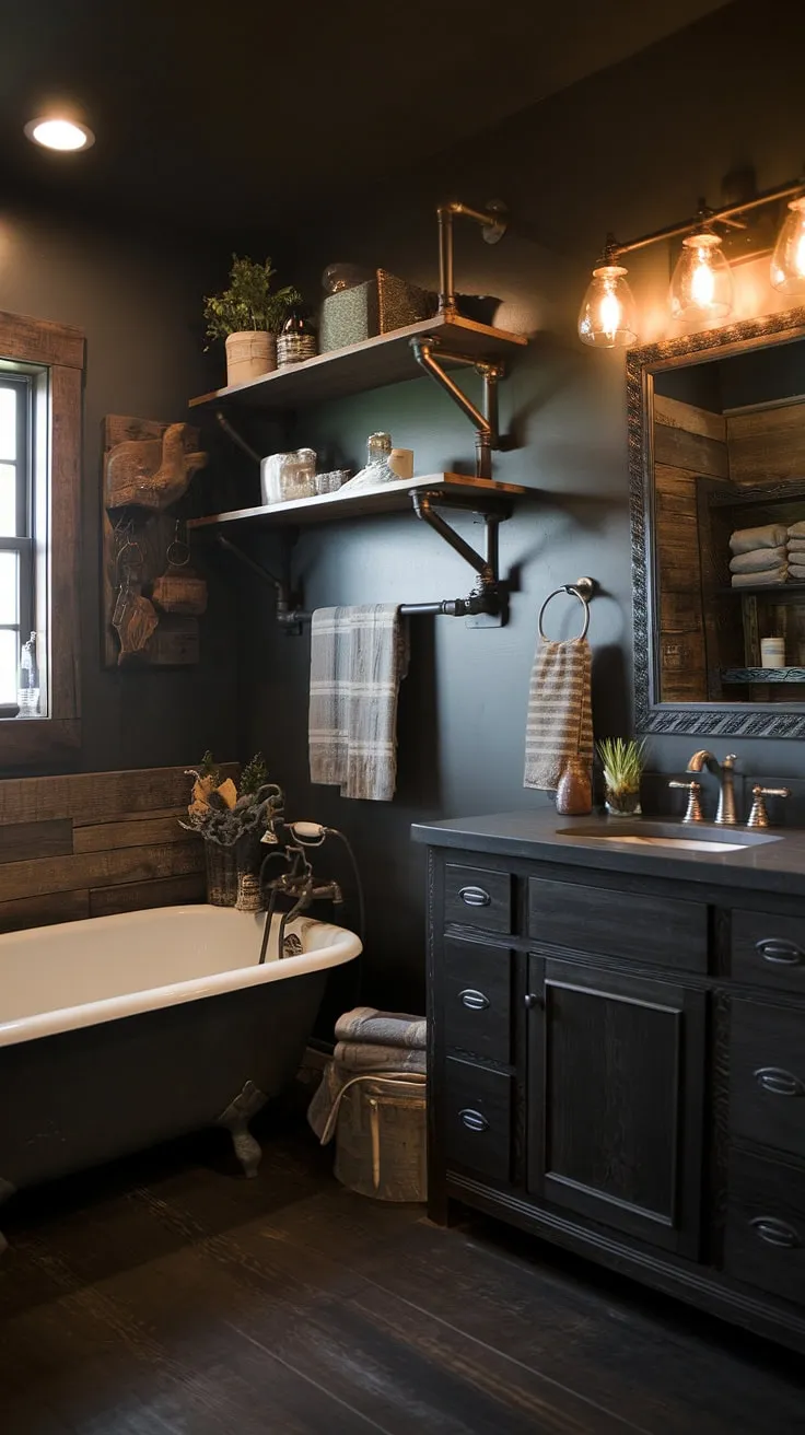 Indulge in the serenity of this stunning dark rustic bathroom.  Combining the warmth of farmhouse dark wood bathroom elements with the cool edge of black industrial bathroom ideas, this space showcases the best of industrial farmhouse bathroom design.  Find inspiration for your own modern industrial bathroom with this rustic farmhouse decor masterpiece, perfect for those exploring rustic cabin bathroom ideas.