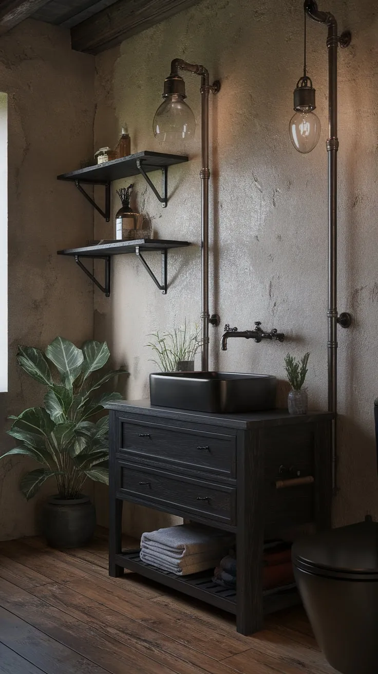 This farmhouse dark wood bathroom showcases the best of rustic farmhouse decor and black industrial bathroom ideas.  The dark rustic bathroom's industrial elements, like the pipe shelving and faucet, perfectly complement the rough-hewn textures, making it the ultimate industrial farmhouse bathroom and a prime example of rustic cabin bathroom ideas for a modern industrial bathroom.
