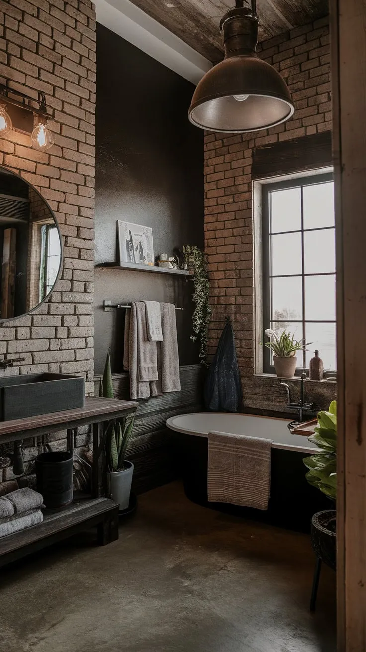 This dark rustic bathroom seamlessly blends industrial farmhouse style with modern touches, offering a unique take on rustic cabin bathroom ideas.  The dark wood and black industrial accents create a sophisticated yet cozy atmosphere, perfect for those seeking industrial bathroom ideas.