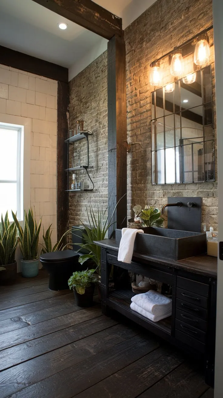 This industrial farmhouse bathroom seamlessly blends modern industrial elements with rustic farmhouse decor.  Dark rustic wood accents and black industrial fixtures create a sophisticated, yet cozy atmosphere, perfect for those seeking unique rustic cabin bathroom ideas.