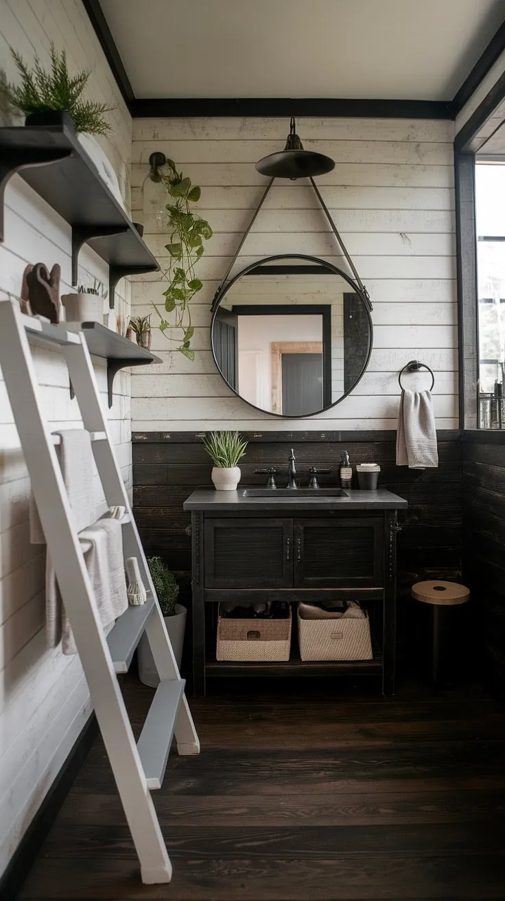 Dark rustic bathroom goals! This modern industrial bathroom showcases the best of industrial bathroom ideas, combining a dark wood vanity and black fixtures with charming rustic farmhouse decor.  The floating shelves and white ladder add a touch of farmhouse charm to this stunning industrial bathroom design.
