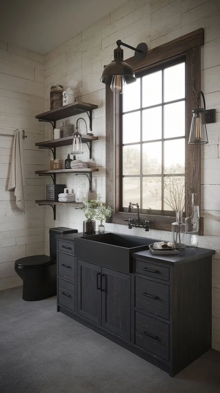 Dark wood and black metal define this farmhouse dark wood bathroom, a stunning example of industrial bathroom ideas.  The rustic cabin bathroom ideas are evident in the warm textures, while the modern industrial bathroom design keeps the space feeling fresh and contemporary. This dark rustic bathroom is the perfect blend of rustic farmhouse decor and industrial chic.