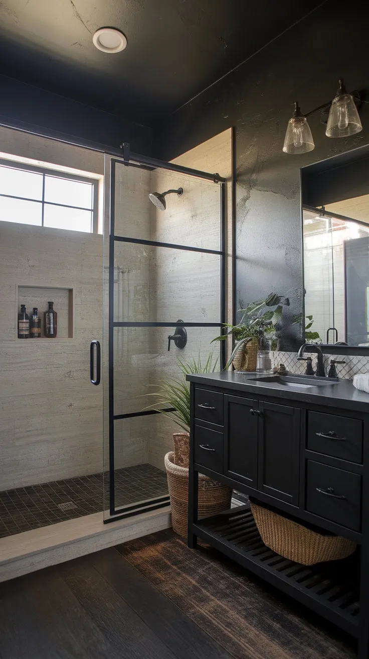 This industrial farmhouse bathroom seamlessly blends rustic farmhouse decor with modern industrial elements. Dark rustic bathroom tones and farmhouse dark wood bathroom vanity create a sophisticated, yet cozy atmosphere.  Perfect for those seeking rustic cabin bathroom ideas or black industrial bathroom ideas.